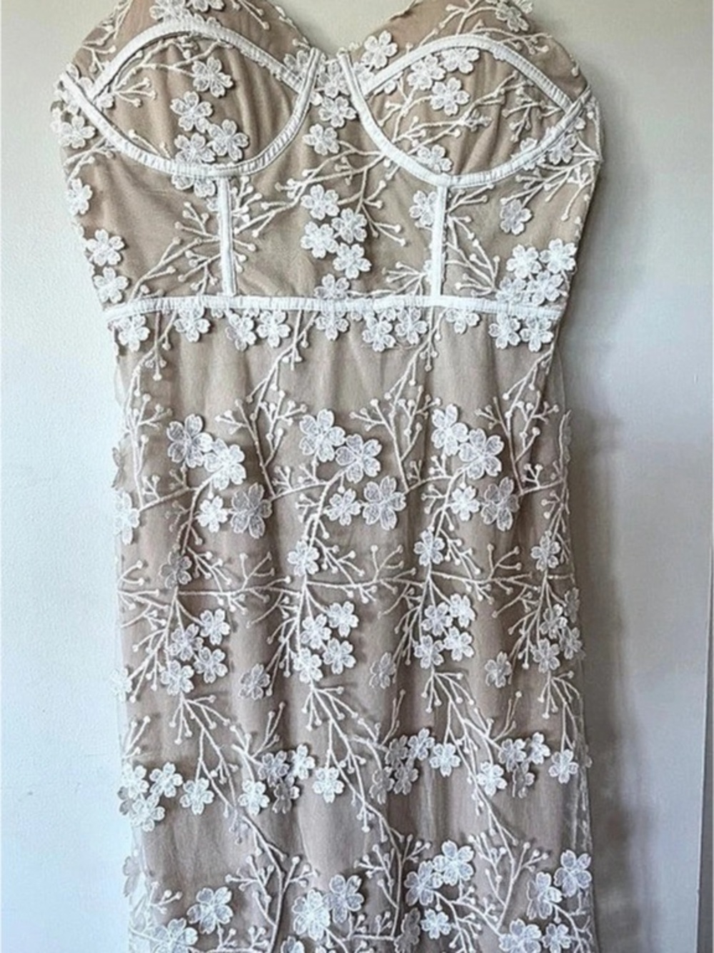 Floral Embroidered Dress in Nude with White Overlay NWOT
